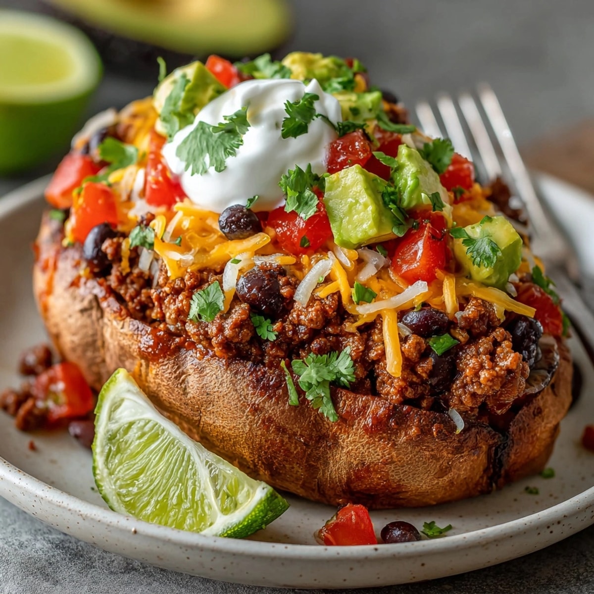 Savory-looking baked Taco Stuffed Sweet Potatoes, loaded with seasoned beef and fresh toppings for dinner.