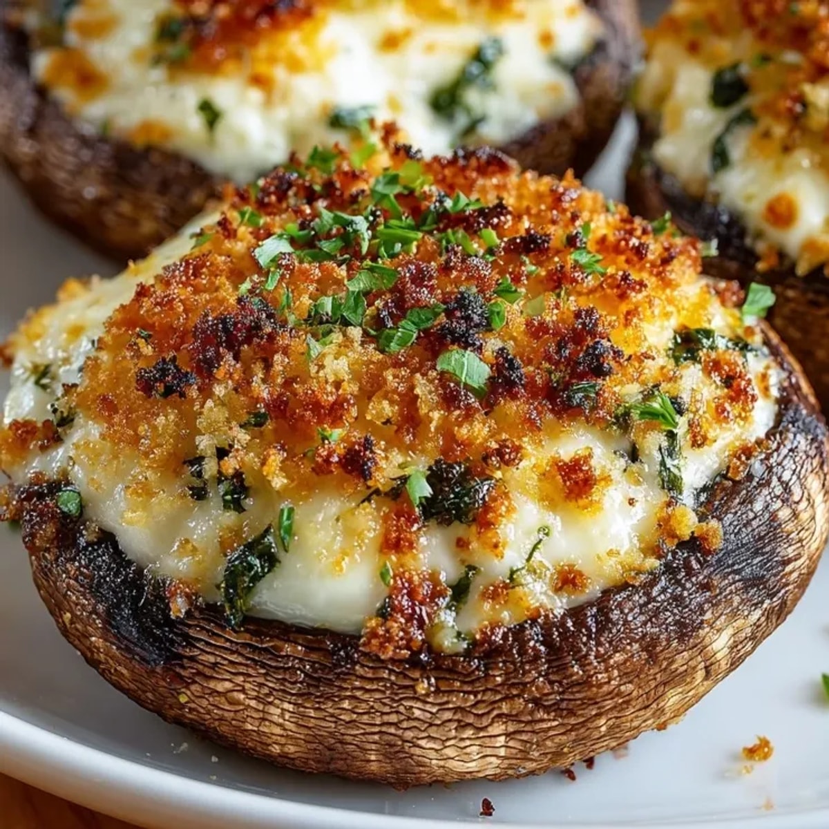 Stuffed Cheese Portobello Mushrooms baked until golden, served warm as a savory appetizer.