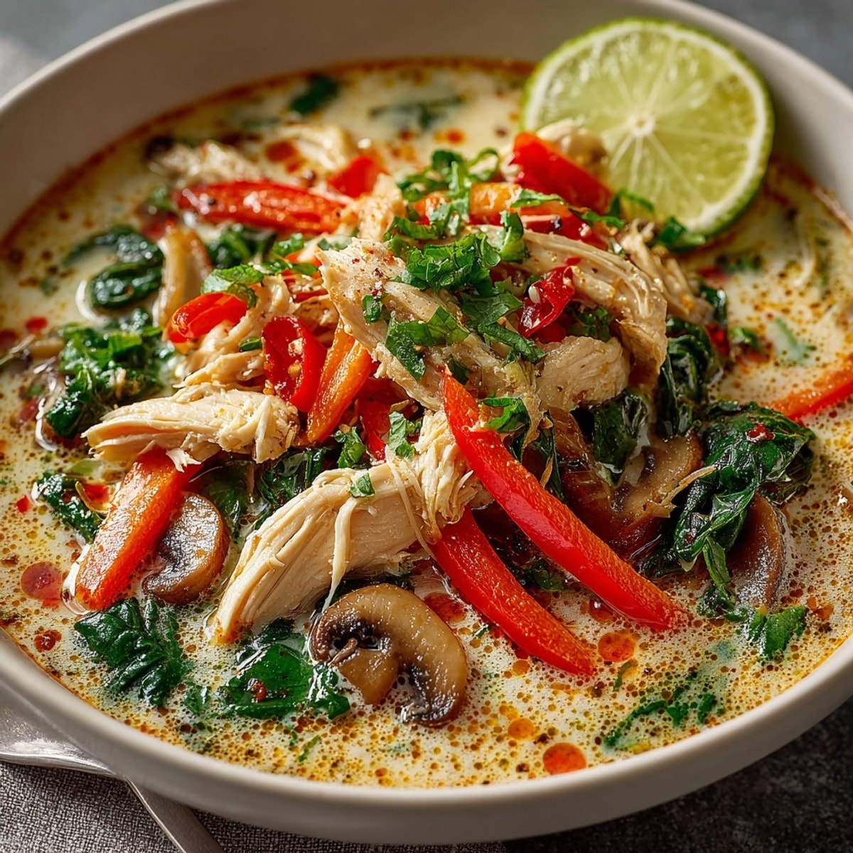A steaming bowl of Thai Curry Coconut Soup with tender chicken, vibrant vegetables, and fresh cilantro garnish.