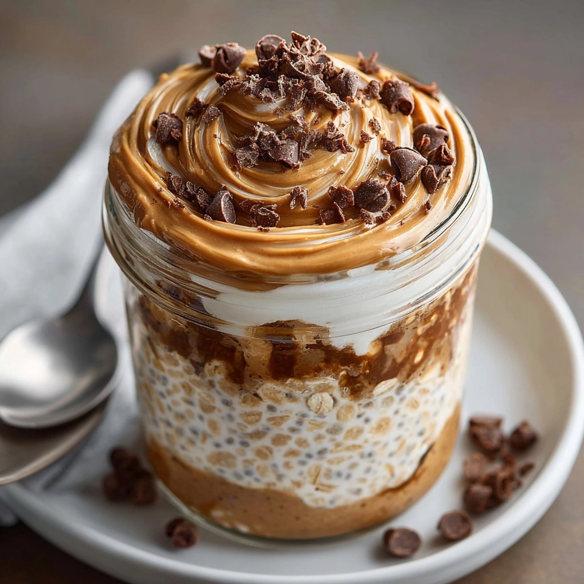 Peanut Butter Chocolate Chip Overnight Oats in a glass jar topped with creamy swirls and melty chips.