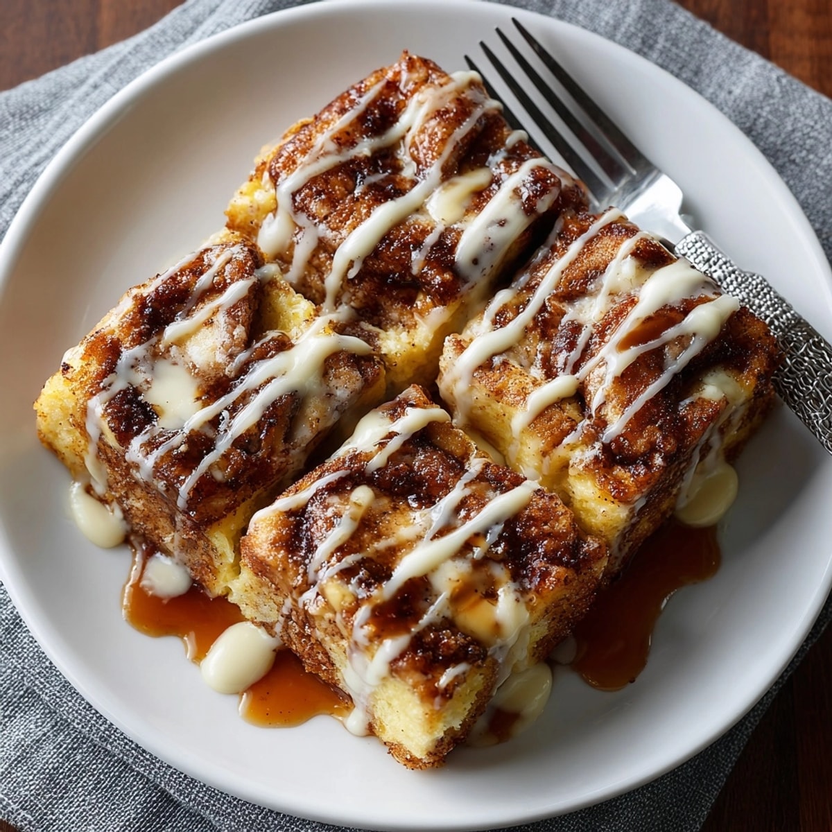 Close-up of Cinnamon Roll French Toast Casserole, rich with cinnamon swirls and creamy icing glaze.