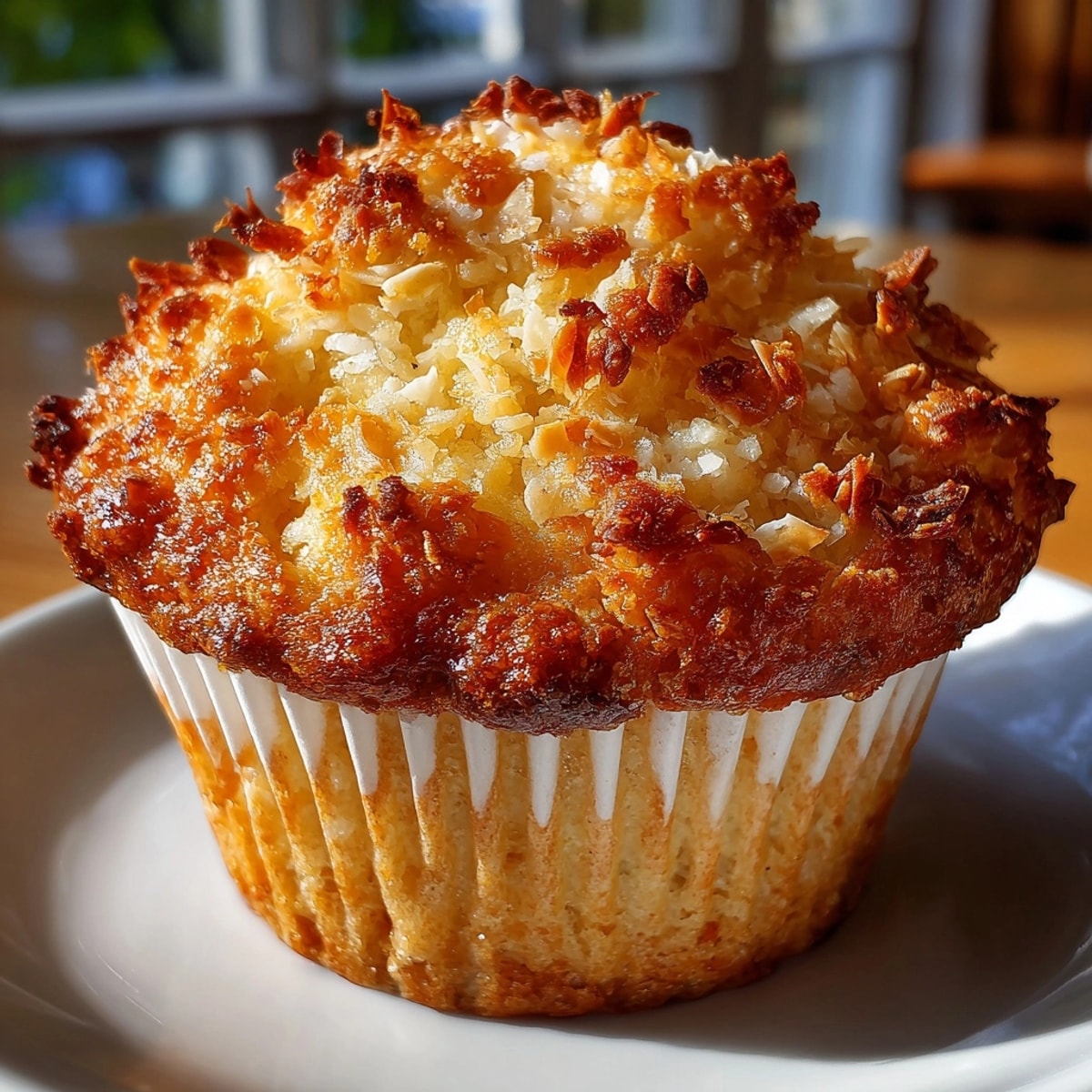 Golden coconut and pineapple cottage cheese muffins cooling on a wire rack, ready to serve.