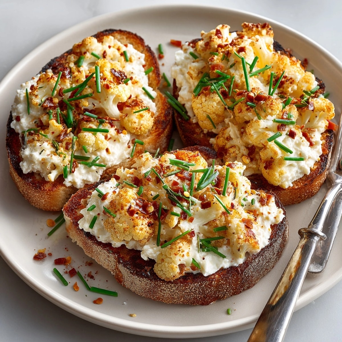Crispy country bread slices layered with mascarpone cauliflower mixture for hearty Cauliflower Toasts