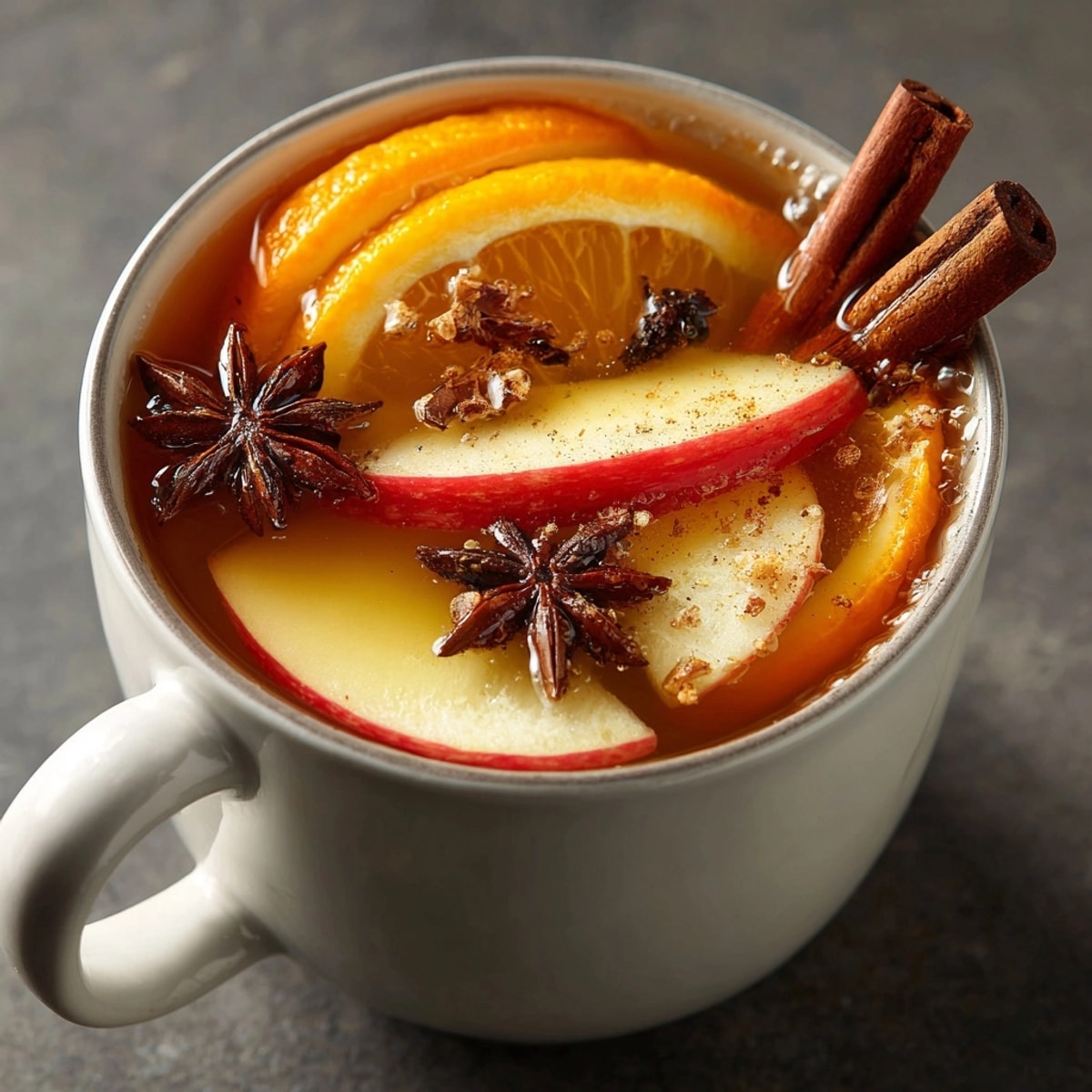 Aromatic spiced apple cider punch simmering, showing warm hues and sliced fruit.