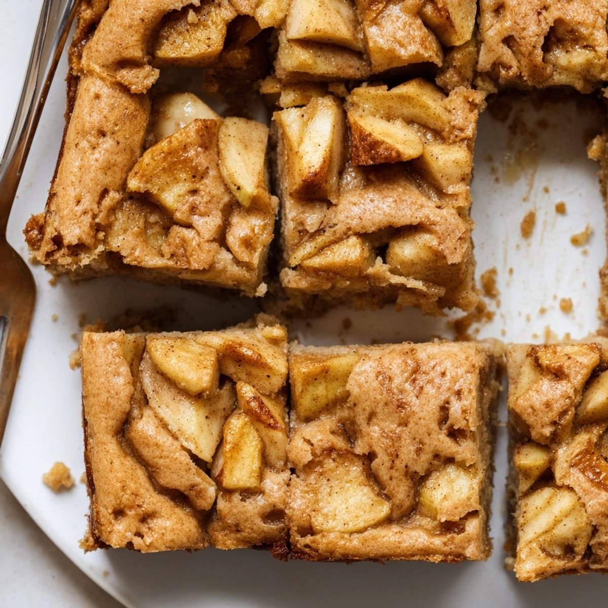 Warm, gooey Brown Butter Apple Blondies, sliced and ready to serve with vanilla ice cream.