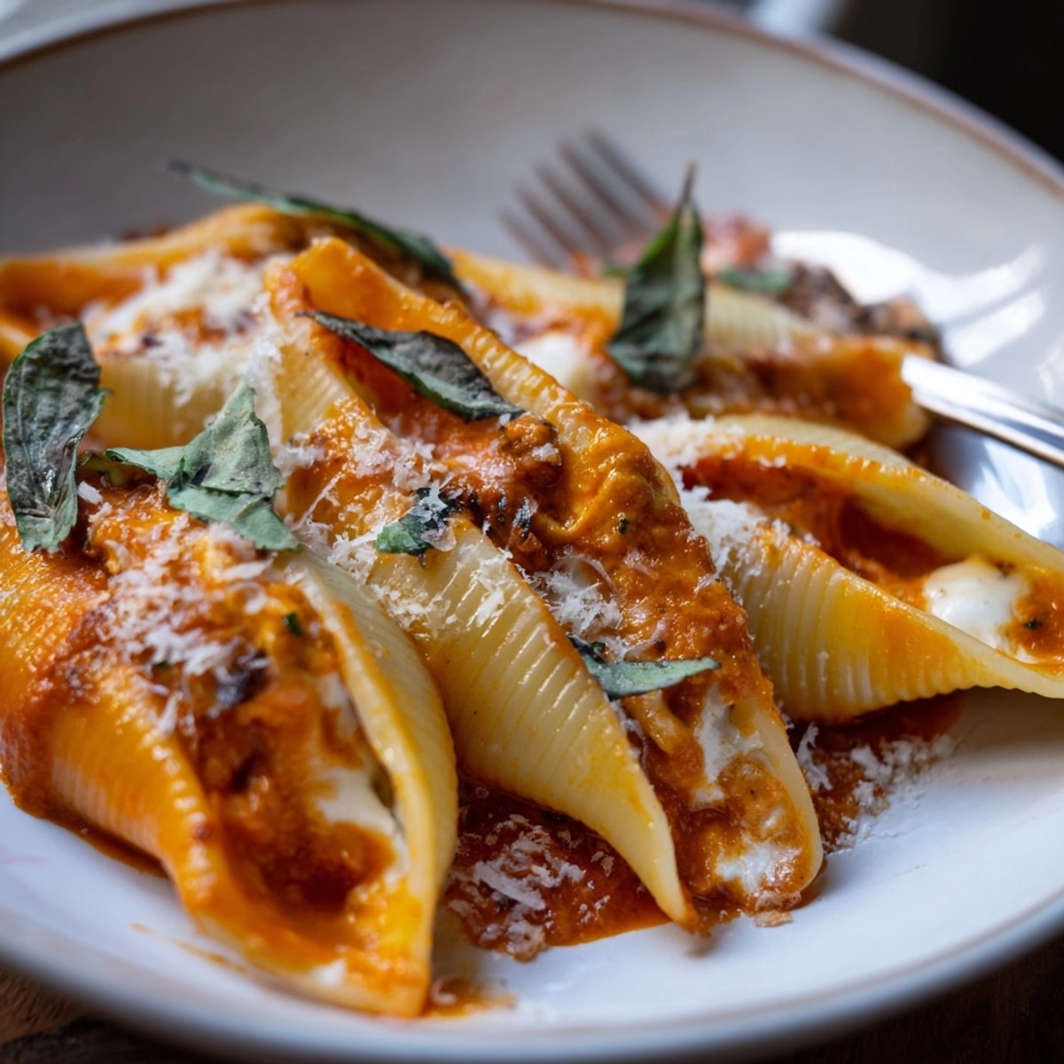 Close-up of flavorful Spicy Pumpkin Pesto Stuffed Shells, garnished with fresh basil.