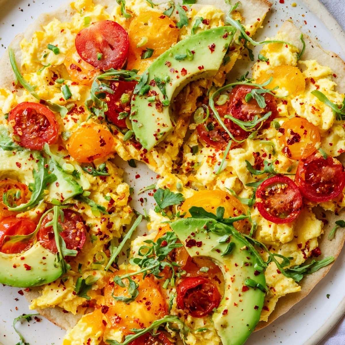 Enjoy a warm slice of homemade Avocado Scrambled Egg Breakfast Pizza with fresh chives.