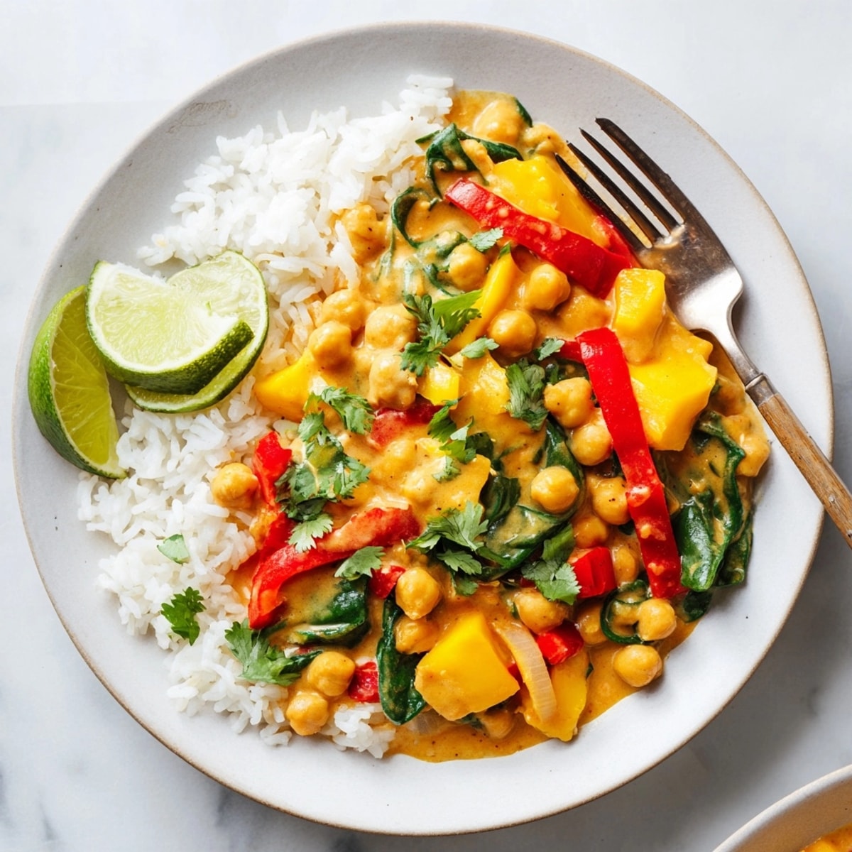 A fragrant Mango Curry Chickpea Skillet simmering, showing textures of mango pieces and spinach.