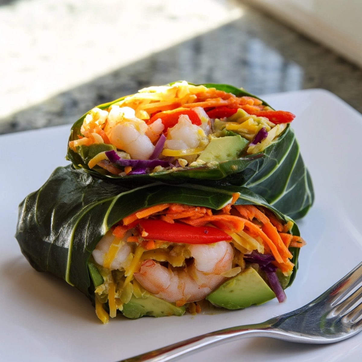 Freshly made Shrimp & Cheddar Collard Green Wraps; healthy, gluten-free wrap recipe.