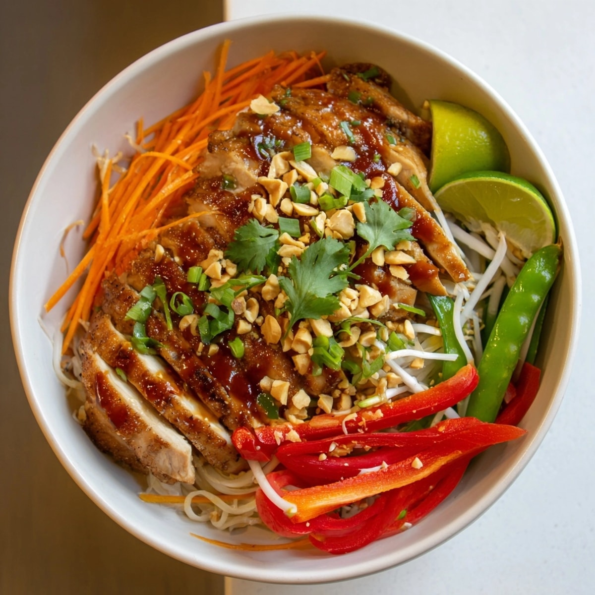 A saucy Thai Chili Chicken Noodle Bowl, bright with veggies, ready to eat.