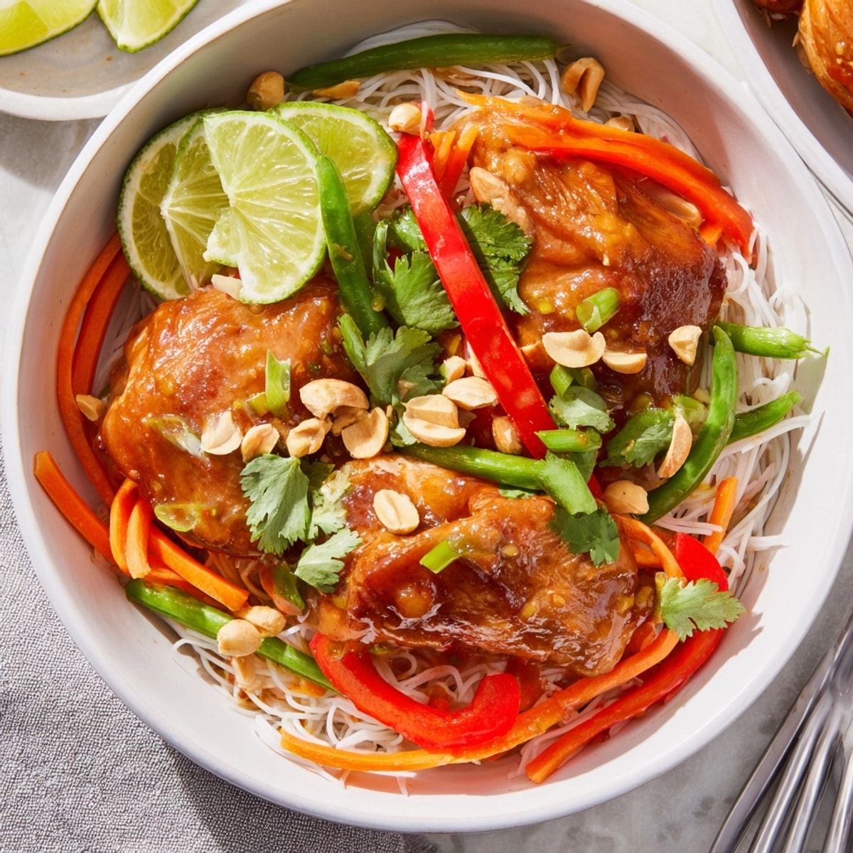 Vibrant Thai Chili Chicken Noodle Bowls shimmer, garnished with peanuts and fresh cilantro.