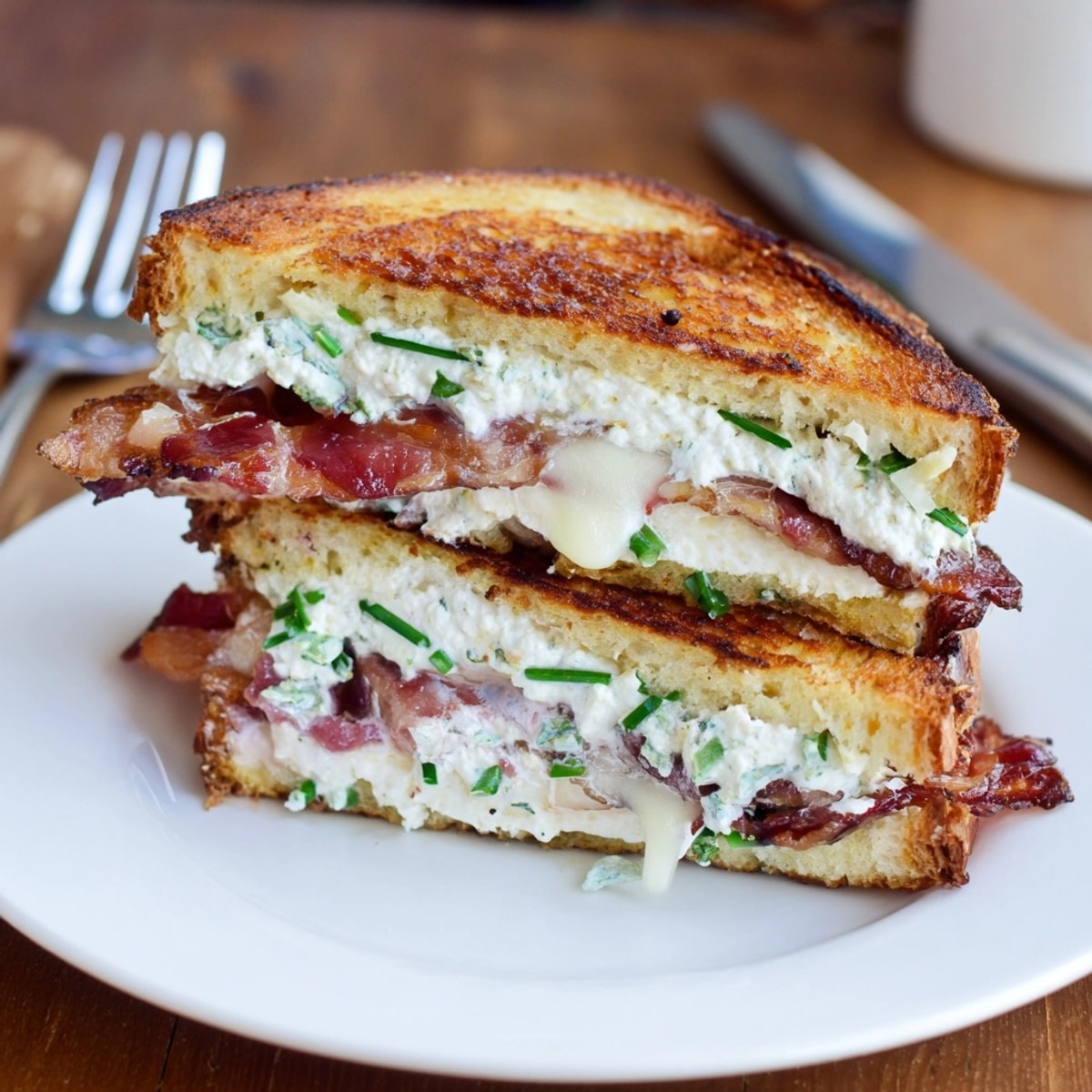 Golden Ricotta Bacon Breakfast Grilled Cheese oozes with cheese, promising a savory, satisfying bite.