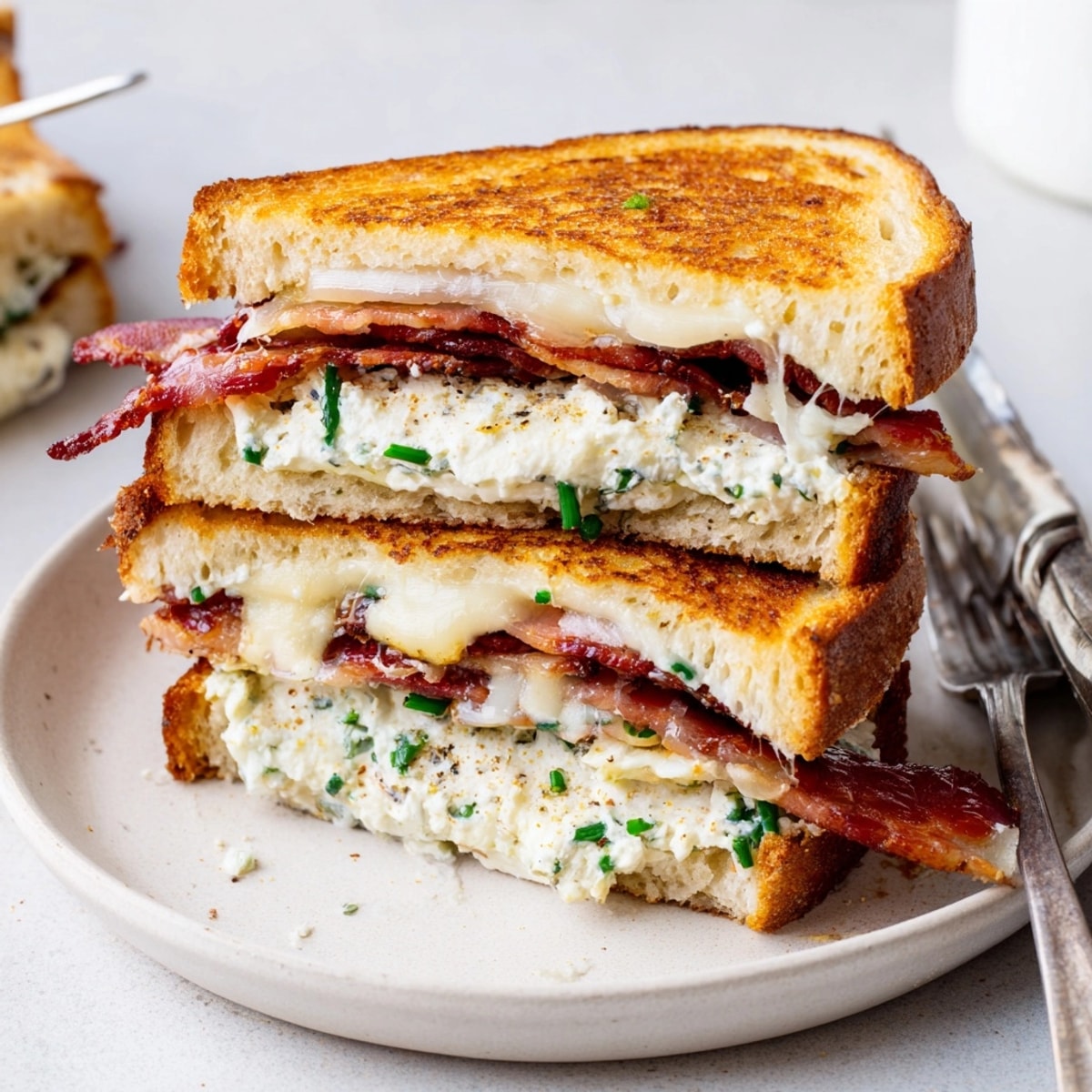 A warm Ricotta Bacon Breakfast Grilled Cheese, ready to cut and enjoy, showcasing crisp bacon.