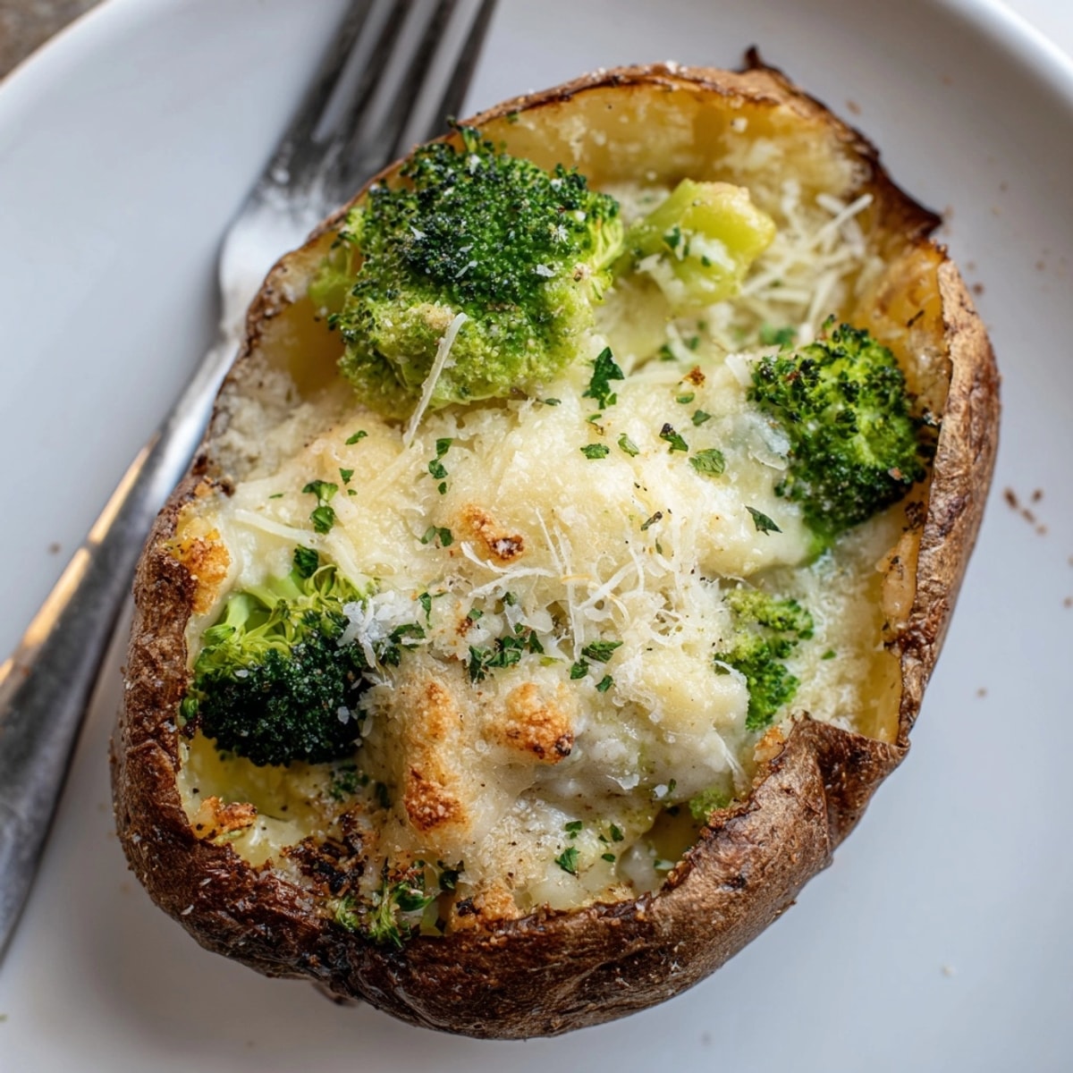 Golden Alfredo Broccoli Stuffed Potato Skins, cheesy and bubbly, fresh parsley sprinkled on top.