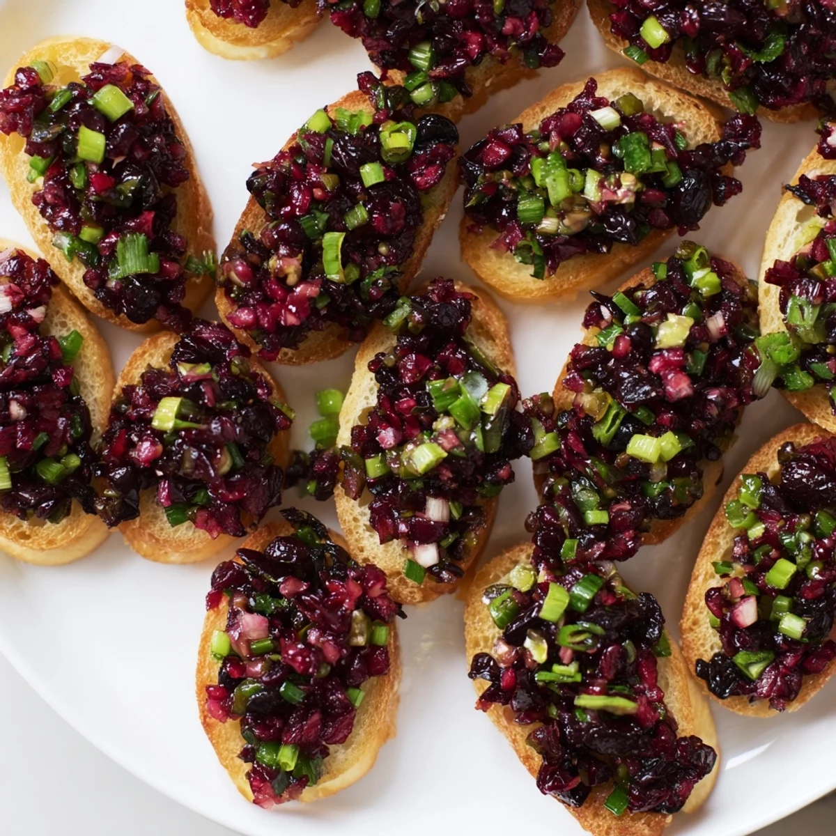 Cranberry Jalapeño Tapenade Crostini topped with fresh herbs and cream cheese spread.  