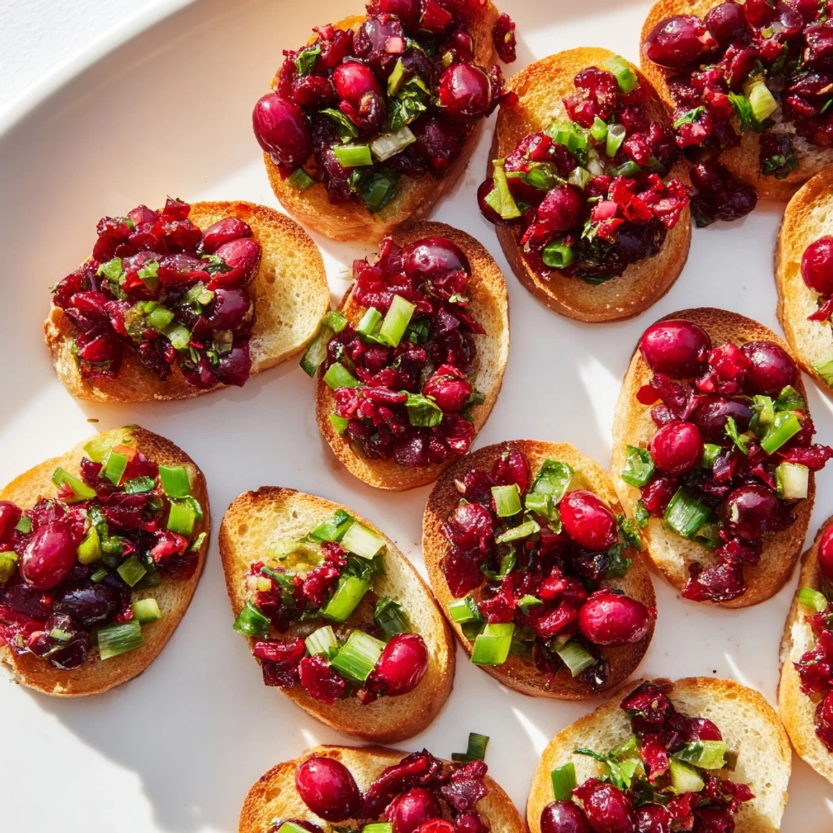 Delicious cranberry jalapeño tapenade crostini garnished with cilantro and parsley.