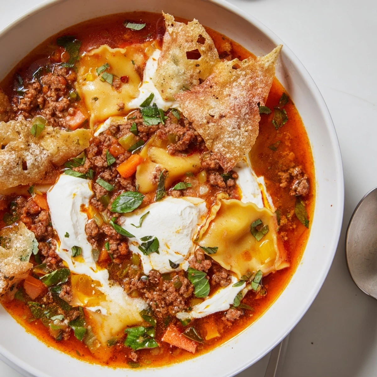 Comforting bowl of Lasagne Soup featuring melted cheese and rich tomato flavors.  