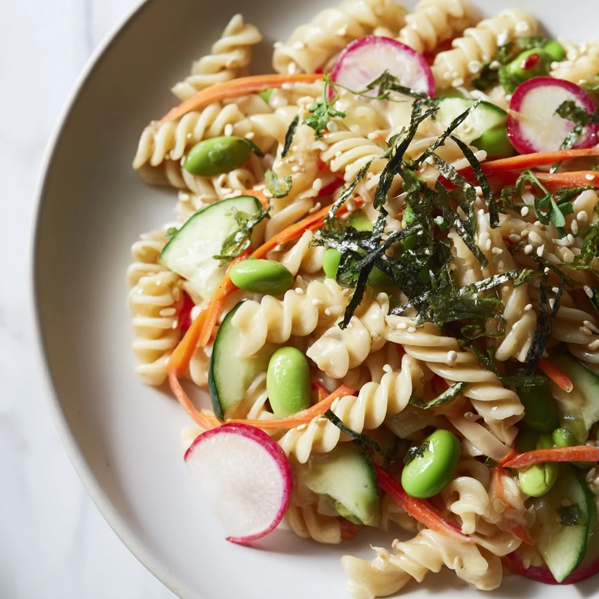 Chilled Japanese Miso Pasta Salad featuring crunchy textures and nutty sesame dressing.