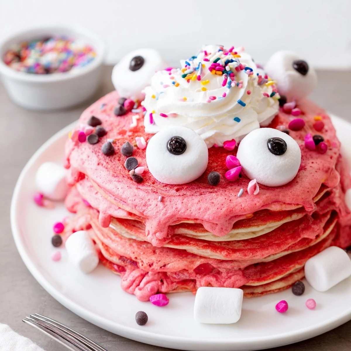 Fluffy Cherry Soda Monster Pancakes topped with colorful marshmallows for a playful breakfast.  