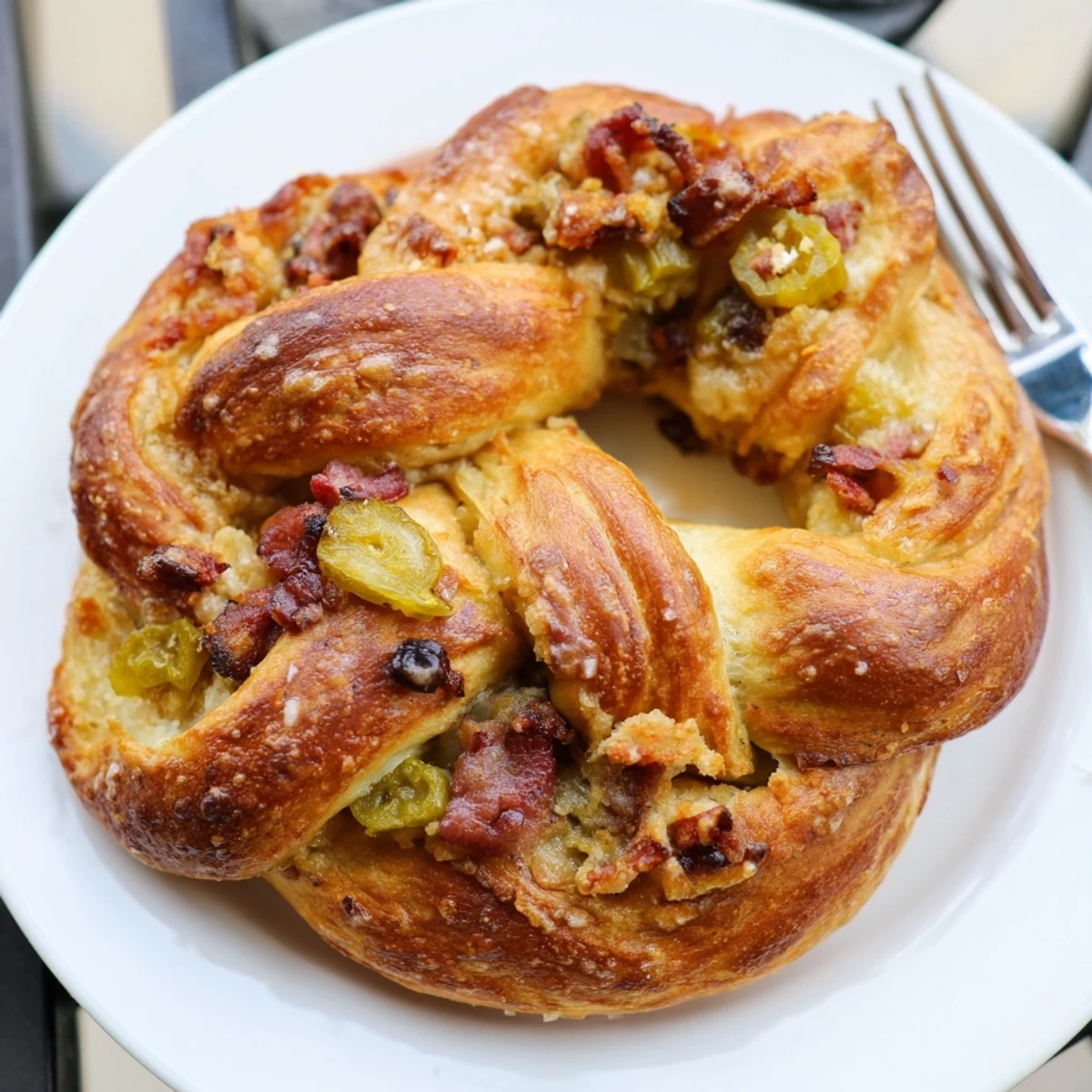 Soft, golden Spicy Pickle Bacon Pretzel Twists topped with crispy bacon and pickles.  