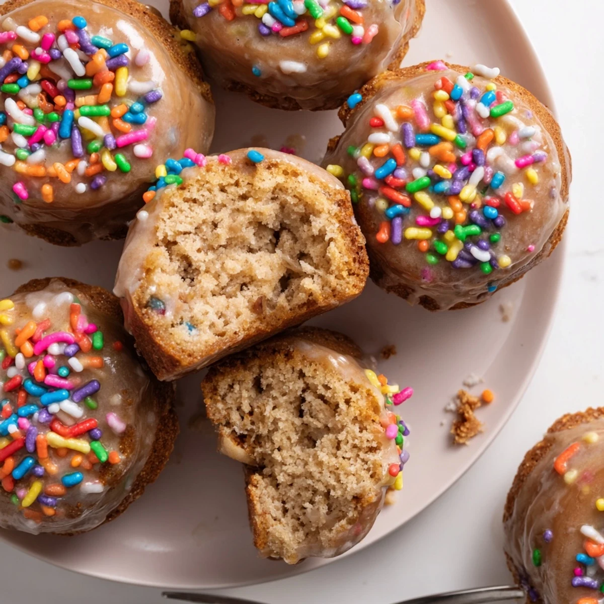 Deliciously glazed Funfetti Java Muffin Donuts bursting with rainbow sprinkles and coffee flavor.