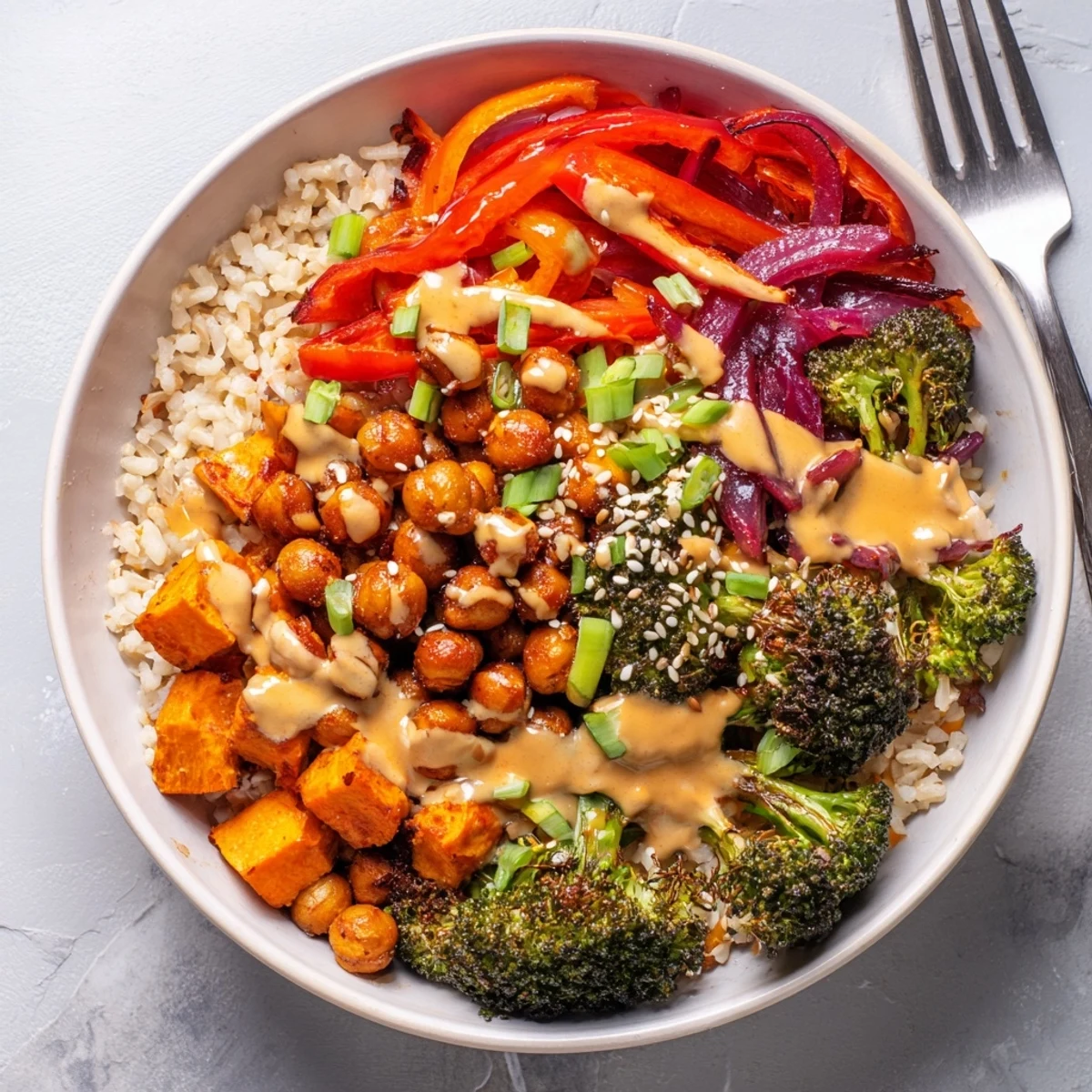 Vibrant Bold Sauce Drizzle Bowls topped with roasted vegetables and savory sauces.  