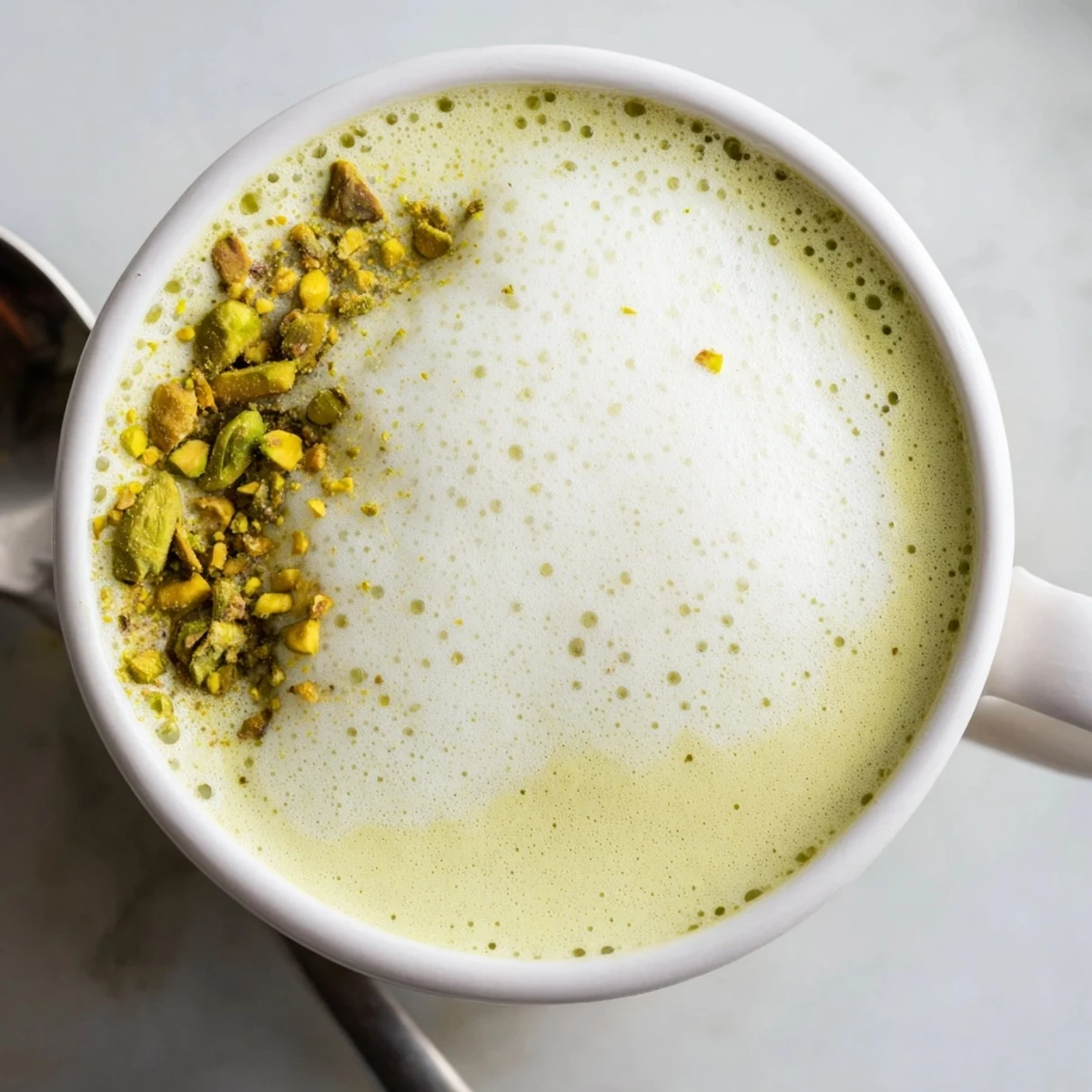 Rich and fragrant pistachio milk latte garnished with pistachios, a unique café treat.
