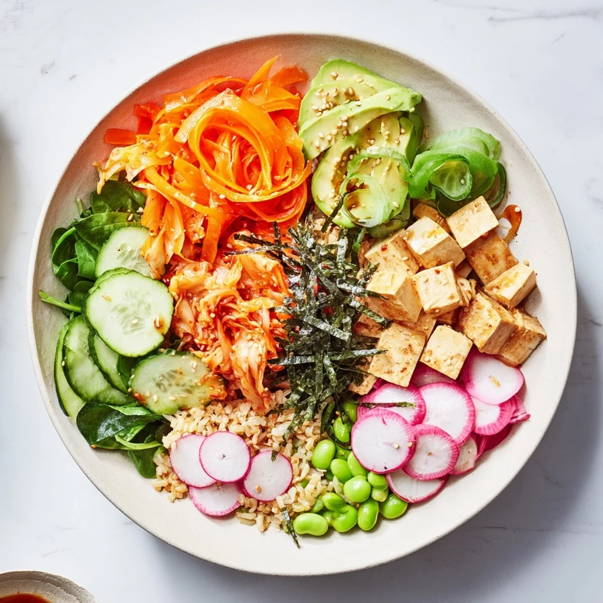 Vibrant fermented vegetable bowl topped with fresh greens and tangy kimchi.