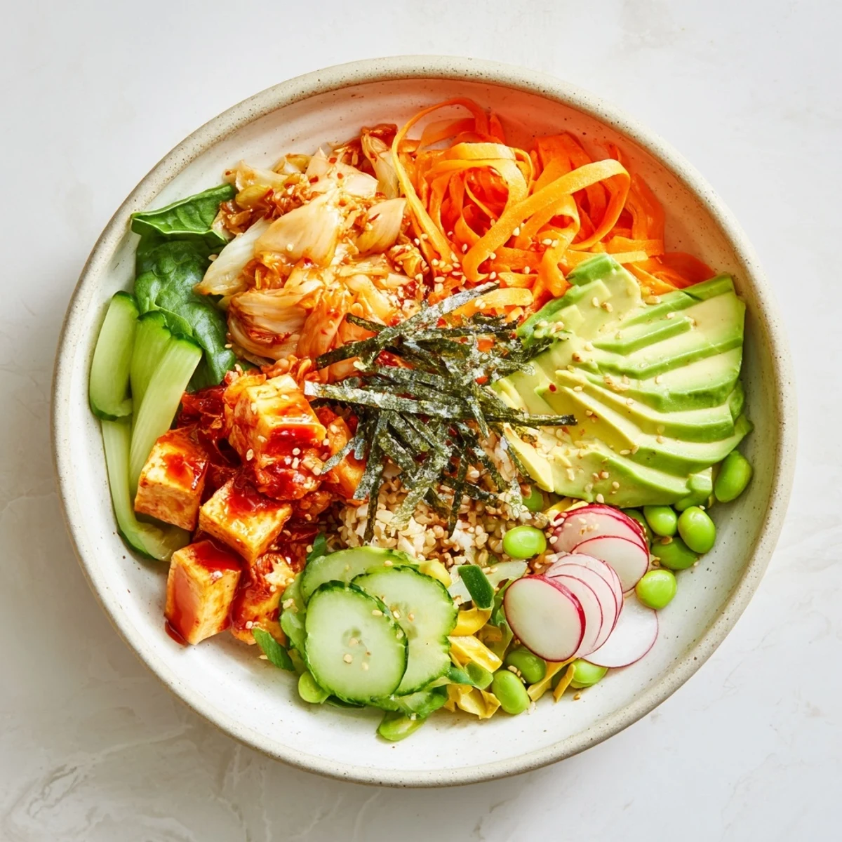 Colorful fermented vegetable bowl with healthy grains, fresh veggies, and zesty dressing.
