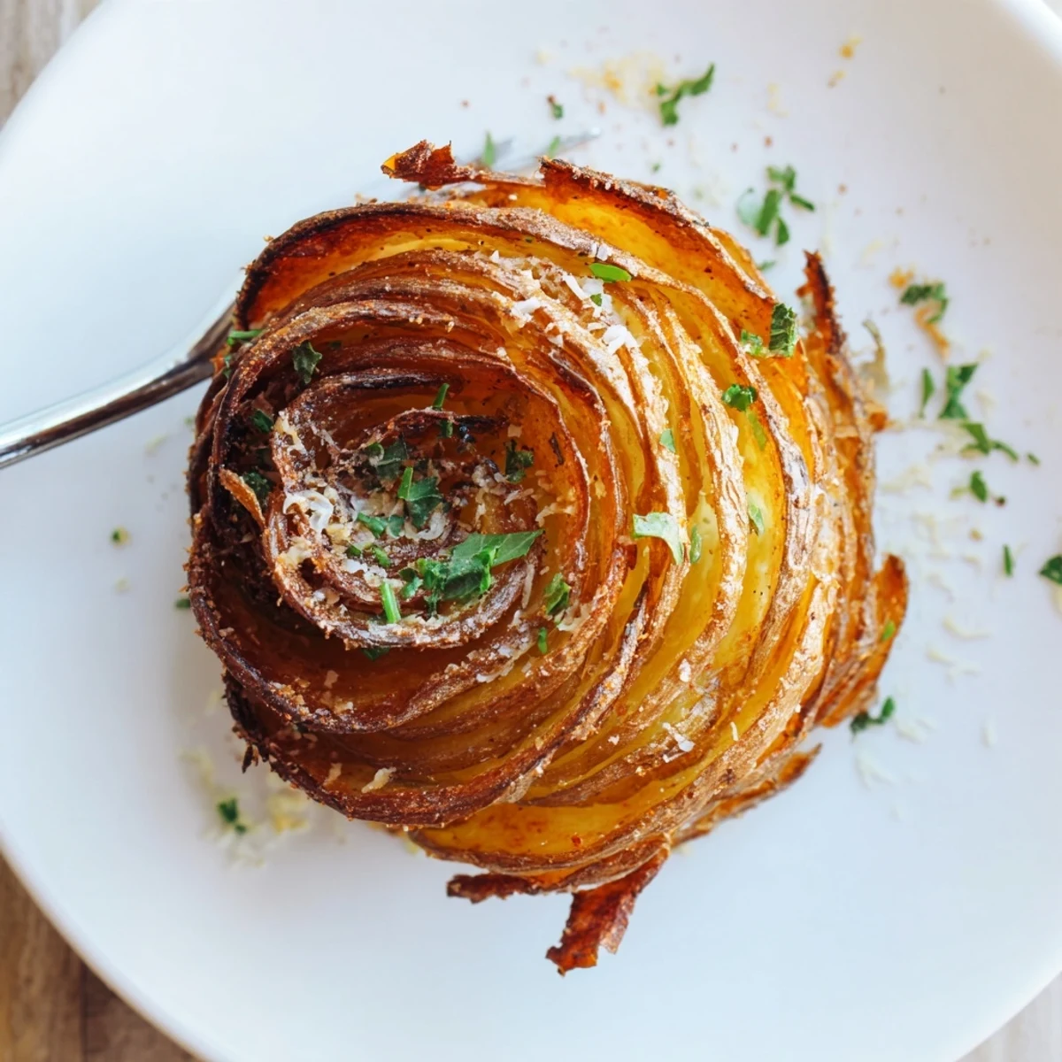 Golden, spiraled Air-Fryer Tornado Potatoes garnished with parsley and Parmesan cheese.  
