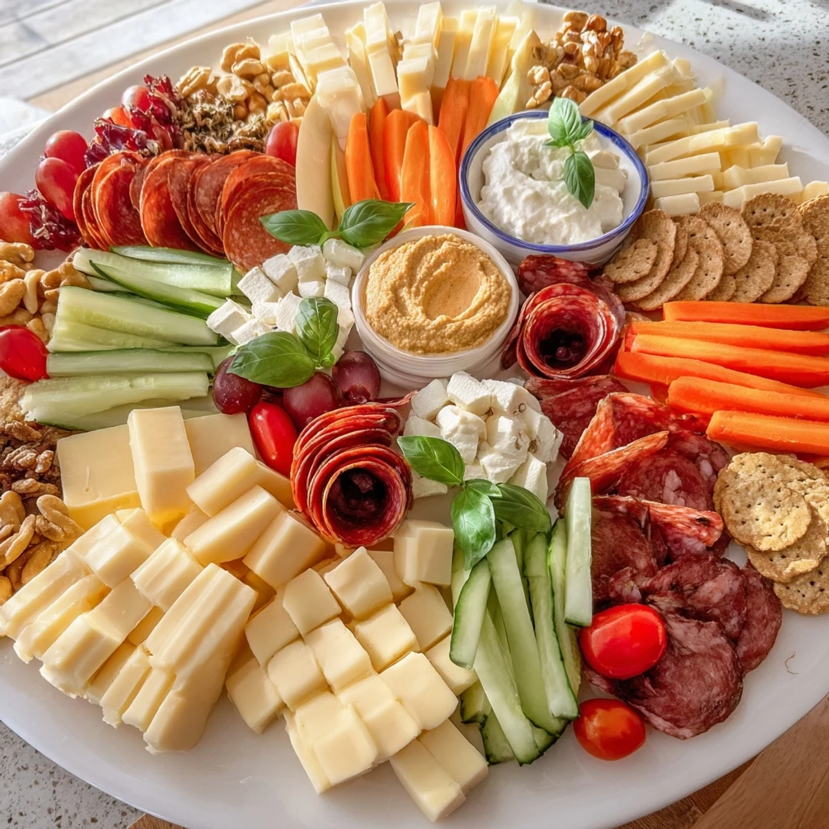 A colorful Girl Dinner Platter loaded with cheeses, fruits, and dips.  