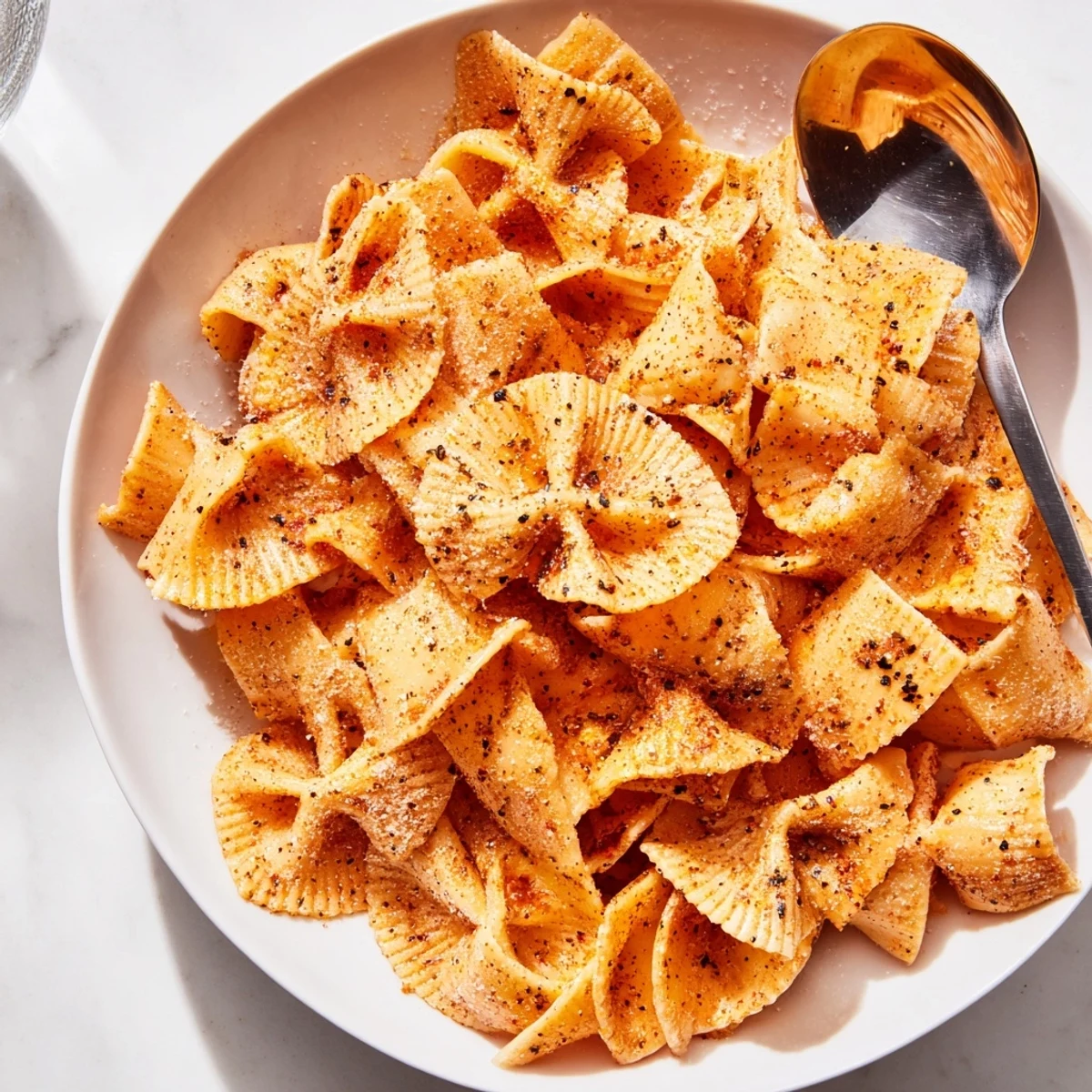 Crispy pasta chips seasoned variety ready for dipping in marinara sauce.