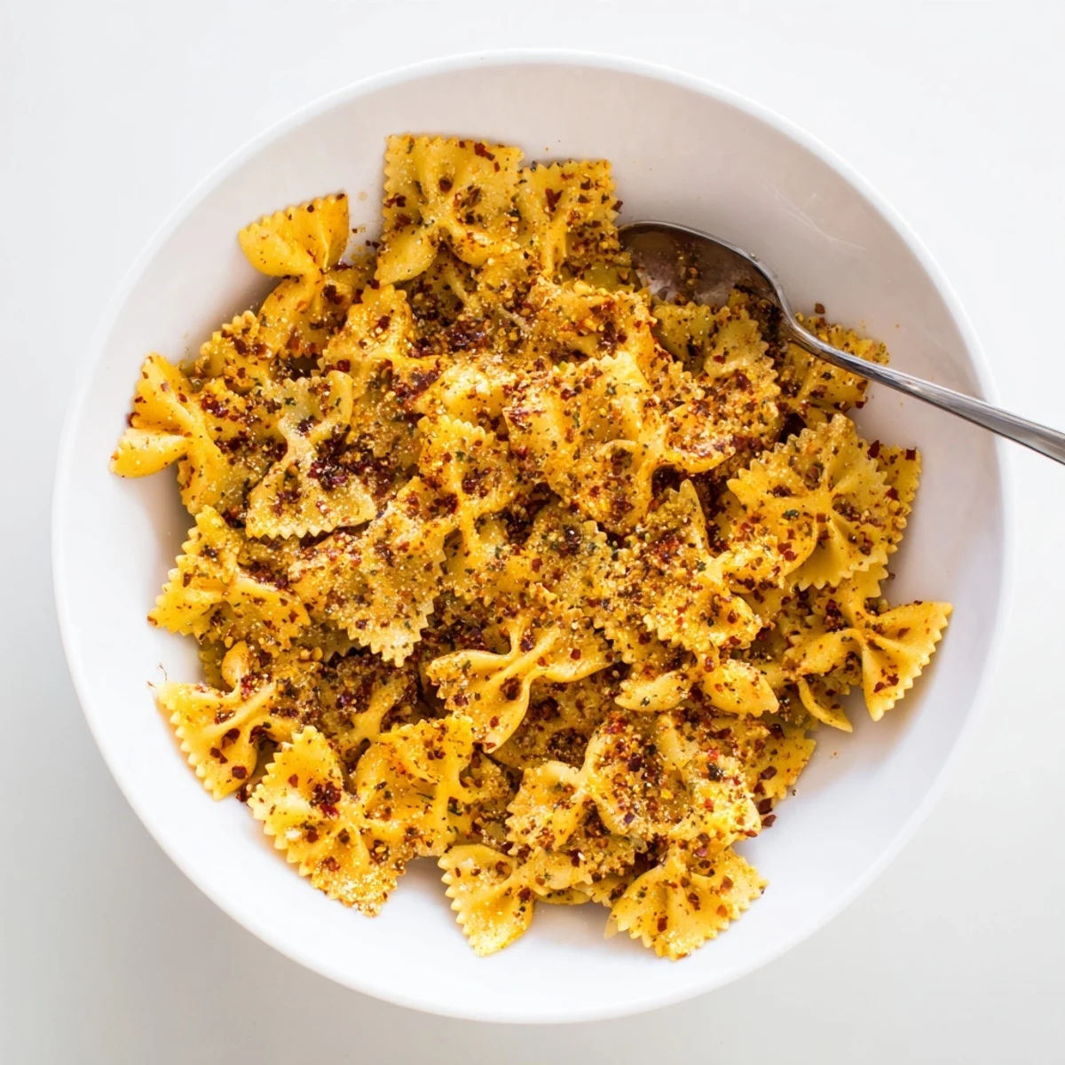 Baked pasta chips tossed with garlic and paprika, perfect for snacking.