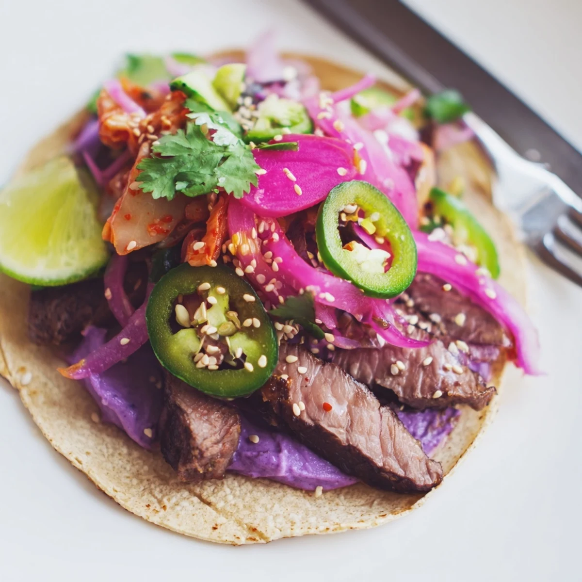 Vibrant Global Street-Food Fusion Tacos topped with ube crema and fresh veggies.