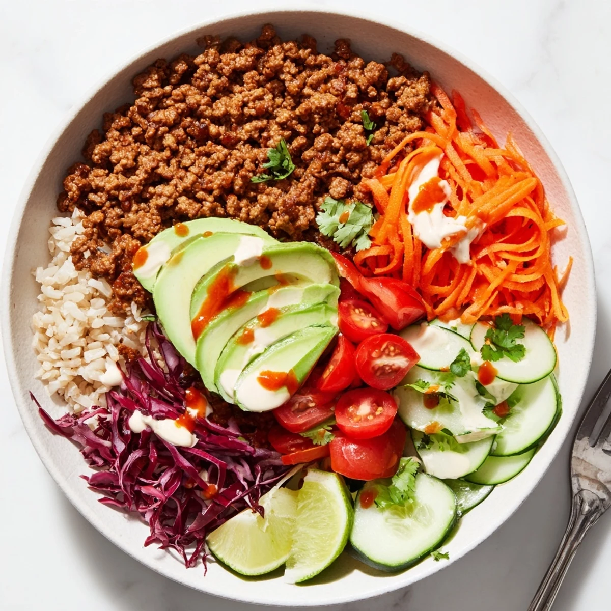 Hearty Plant-Based Meat Bowl brimming with nutritious ingredients and a spicy mayo drizzle.