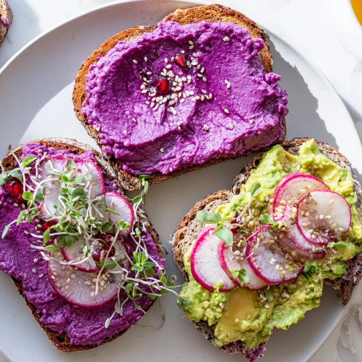 Vibrant bright and bold breakfast toasts topped with ube, avocado, and pomegranate seeds.  