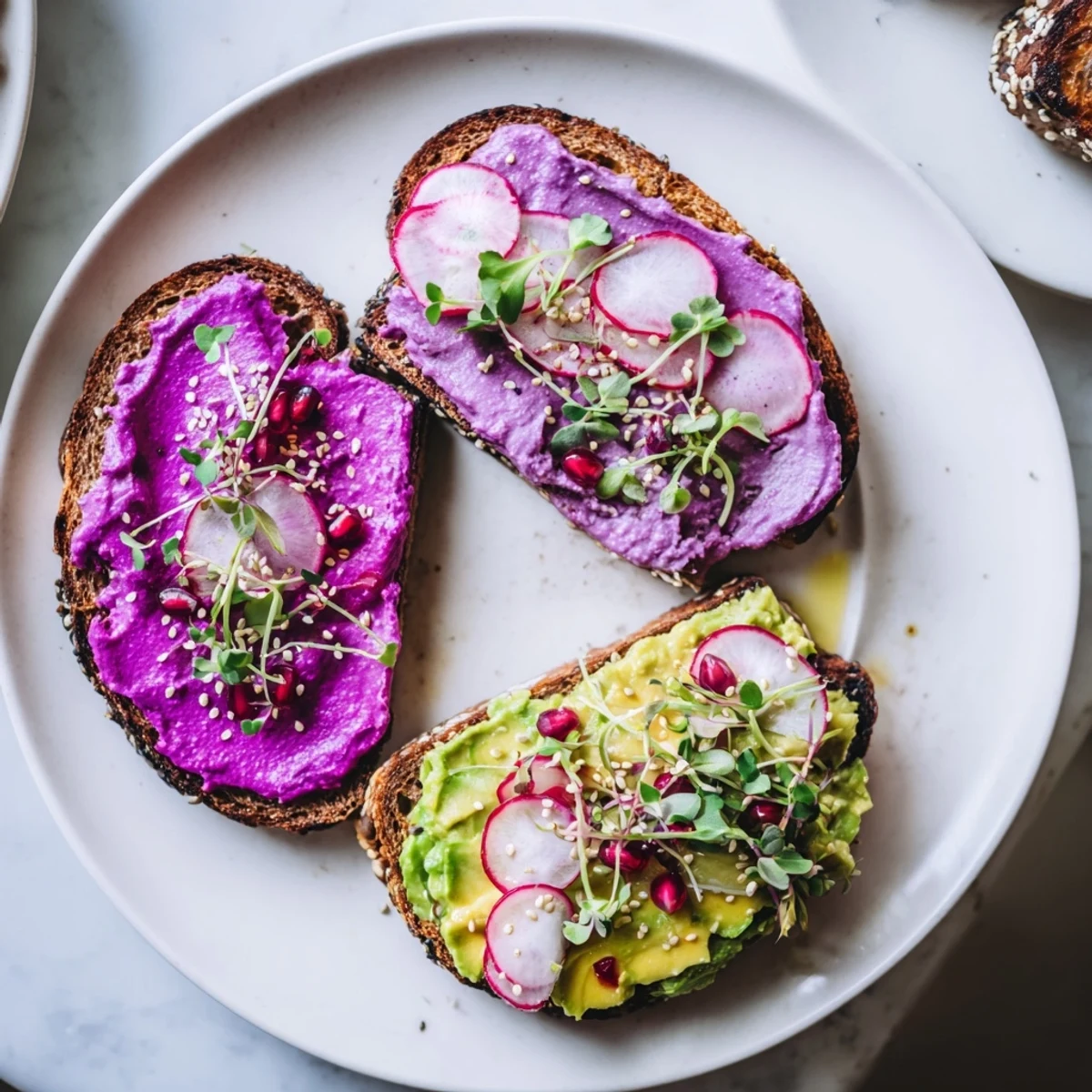 Colorful breakfast toasts showcasing ube halaya and sliced radishes for a delicious morning treat.
