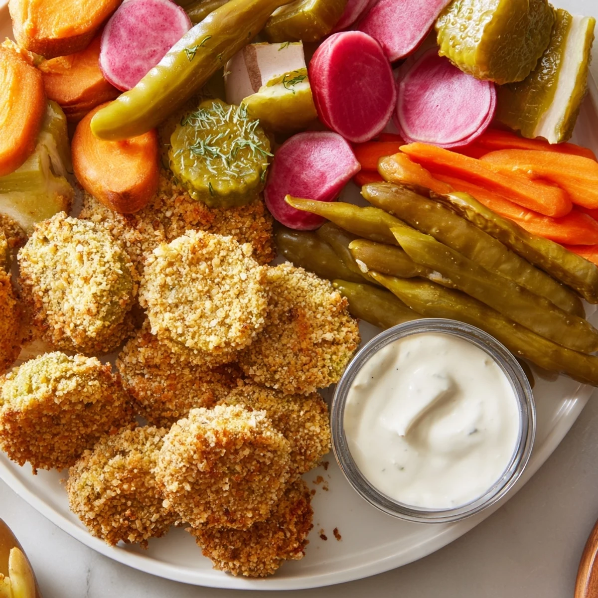 Crispy fried pickles served with vibrant pickled vegetables on a platter.
