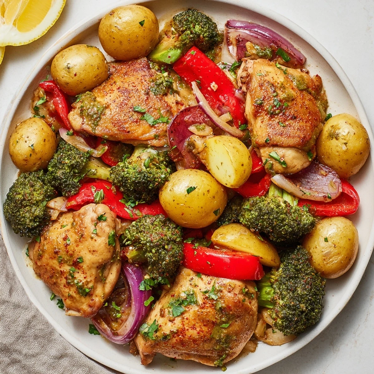 Juicy Lazy Gourmet Chicken & Vegetable One-Pot dish with vibrant bell peppers and broccoli.  