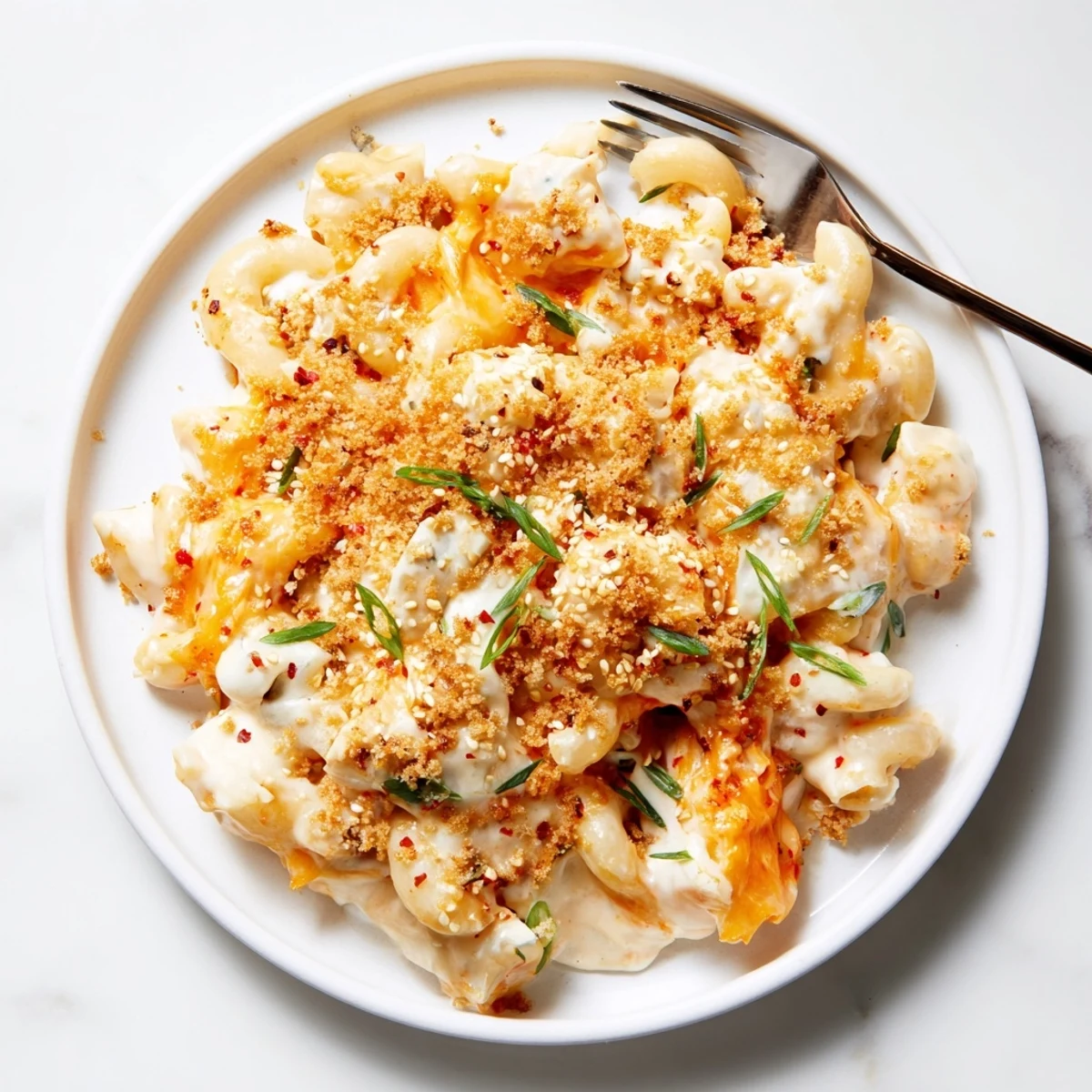Creamy Spicy Kimchi Mac & Cheese topped with crunchy panko and sesame seeds.