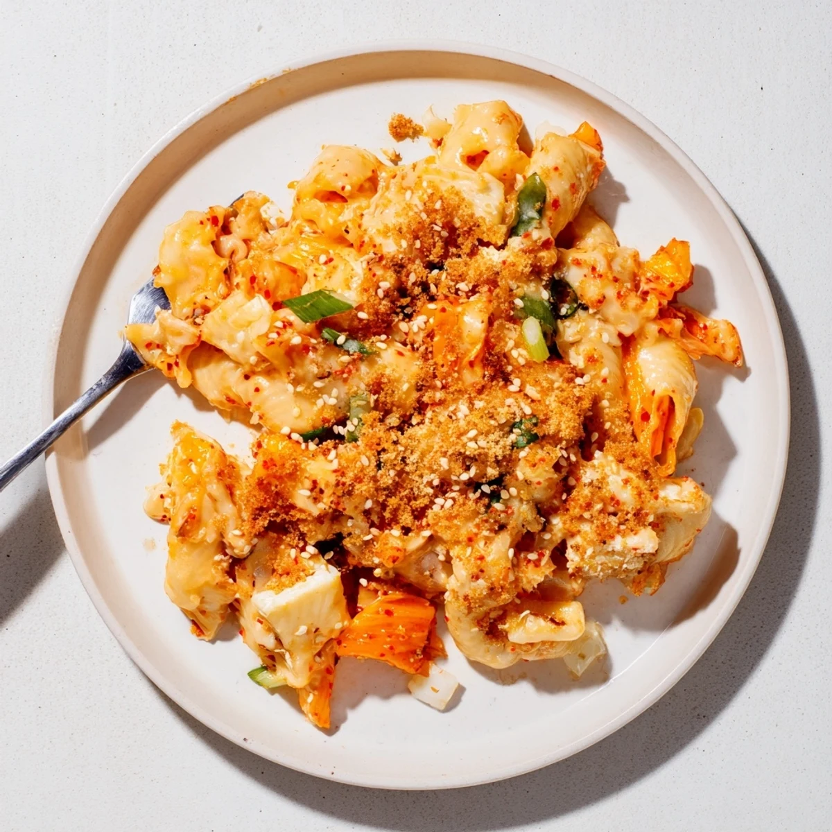 Vibrant Spicy Kimchi Mac & Cheese, a delightful fusion of flavors and textures.