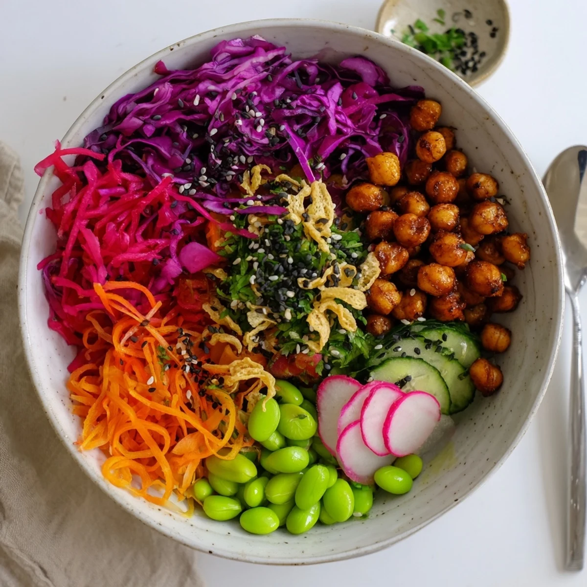 Colorful ASMR Crunch Snack Bowls filled with fresh vegetables and savory toppings.  