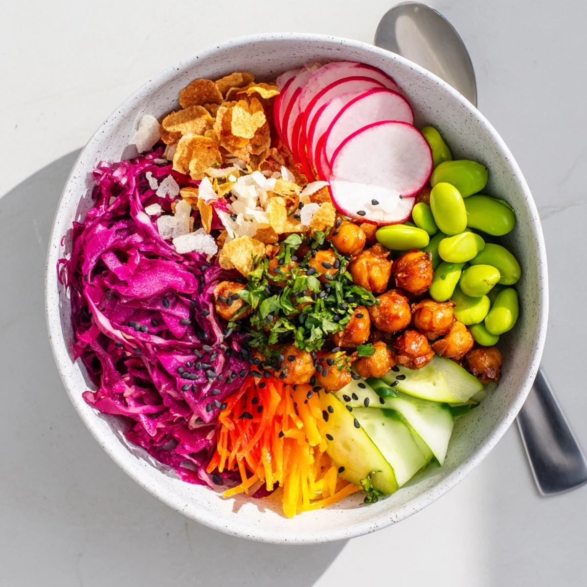 Vibrant ASMR Crunch Snack Bowls featuring crunchy chickpeas and colorful veggies.  