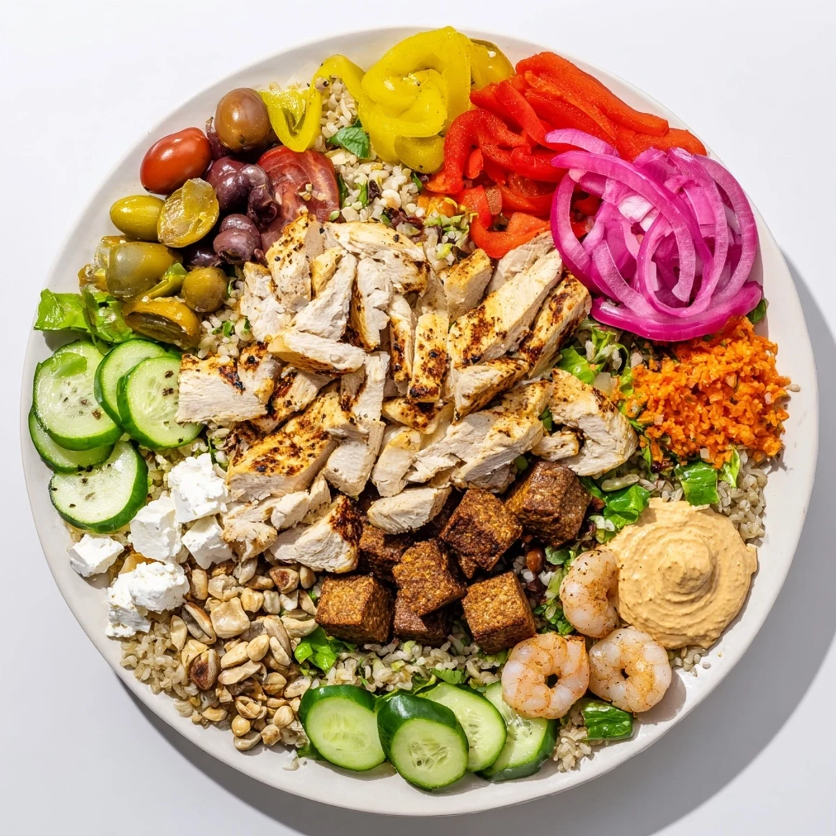 A colorful build-your-own board filled with fresh ingredients and savory proteins.  