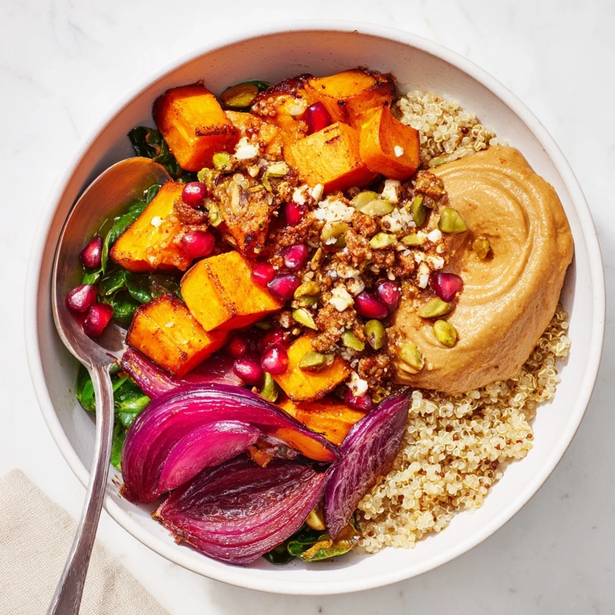 Cozy spiced winter bowls filled with roasted veggies, ube-coconut purée, and feta.  