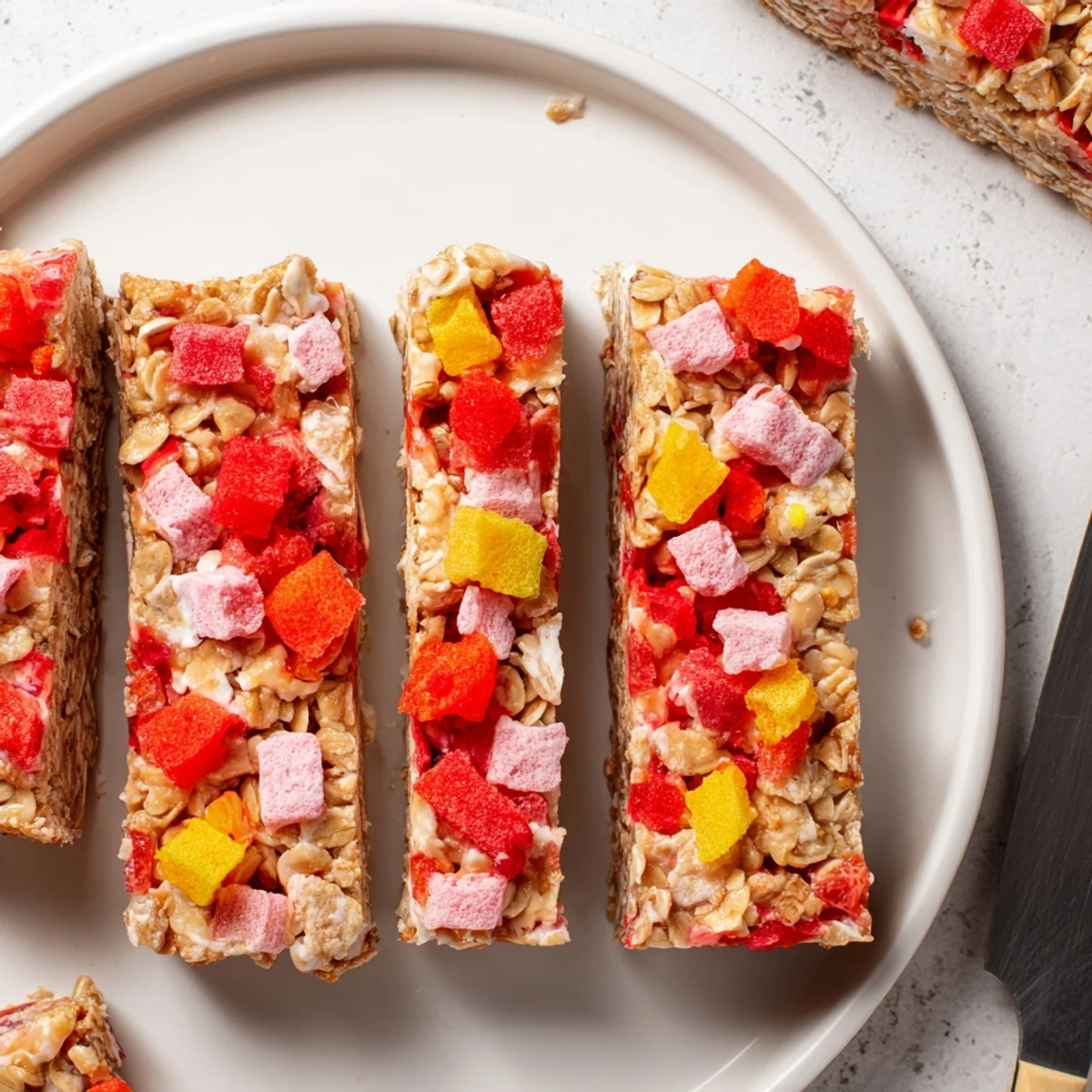 Colorful DIY snack bars with chewy homemade gummies and fruity freeze-dried toppings.  