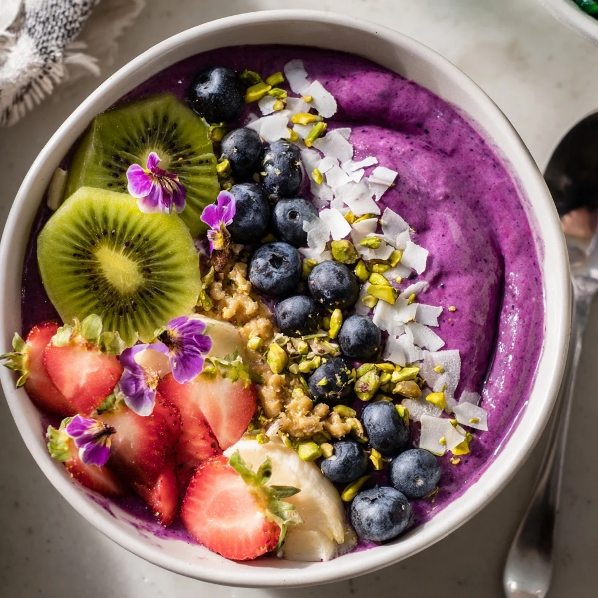 Vibrant smoothie bowls topped with fresh fruits and crunchy granola for breakfast.  