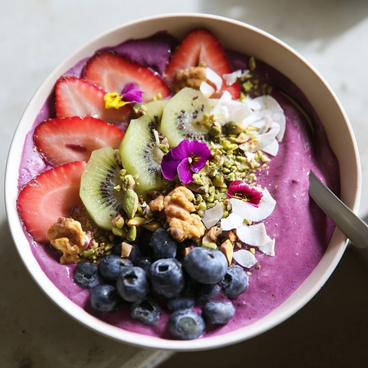 Colorful smoothie bowls featuring purple yam and pistachio for a healthy start.  