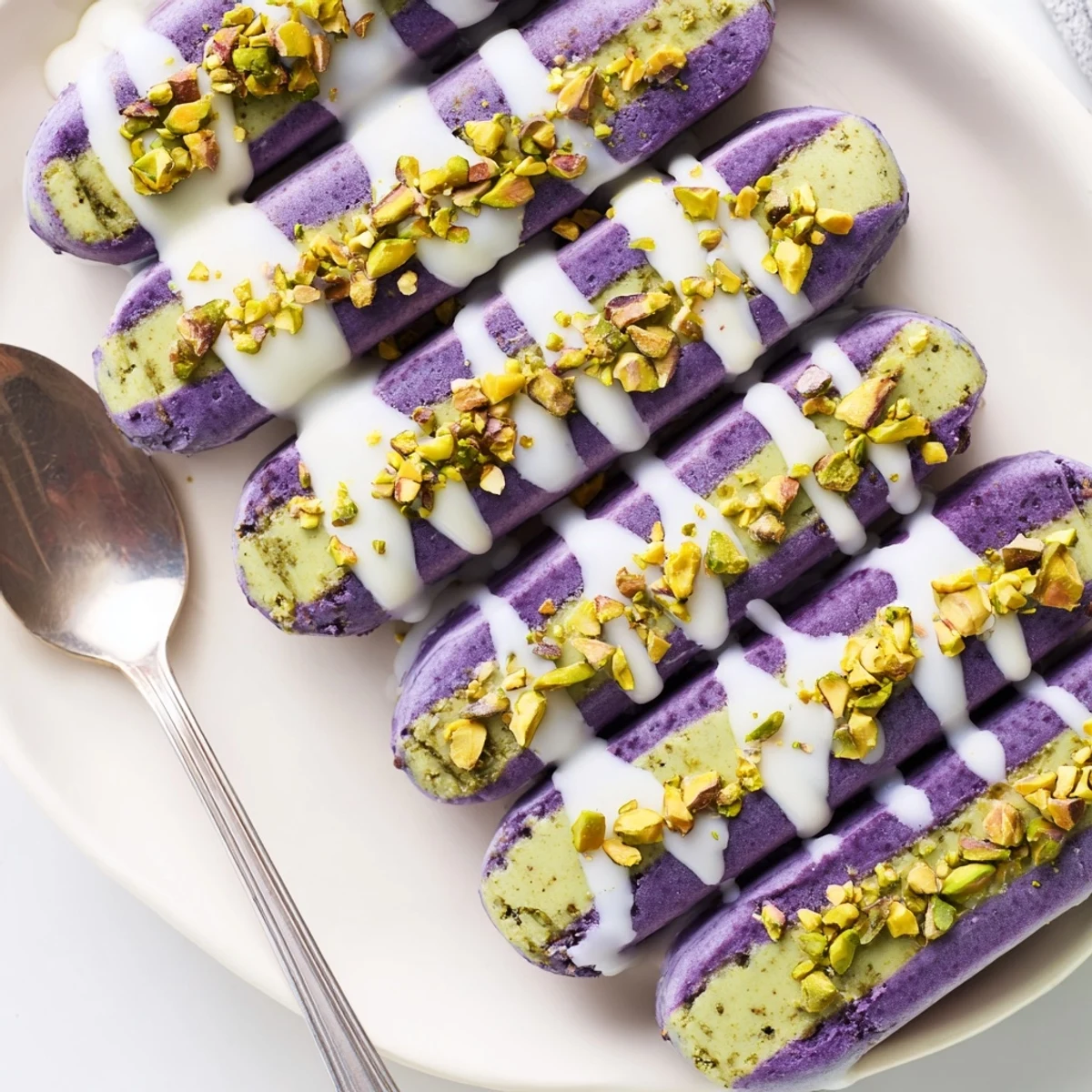 Creamy ube and pistachio ice cream bars drizzled with sweetened condensed milk.  