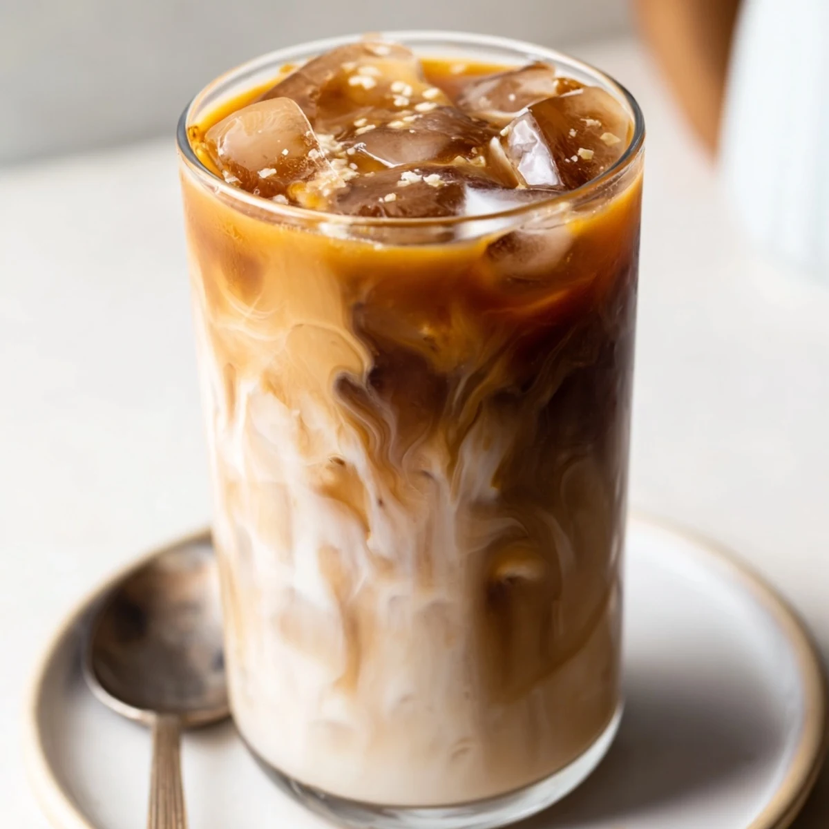 Creamy tahini iced coffee topped with plant-based milk and ice cubes.  